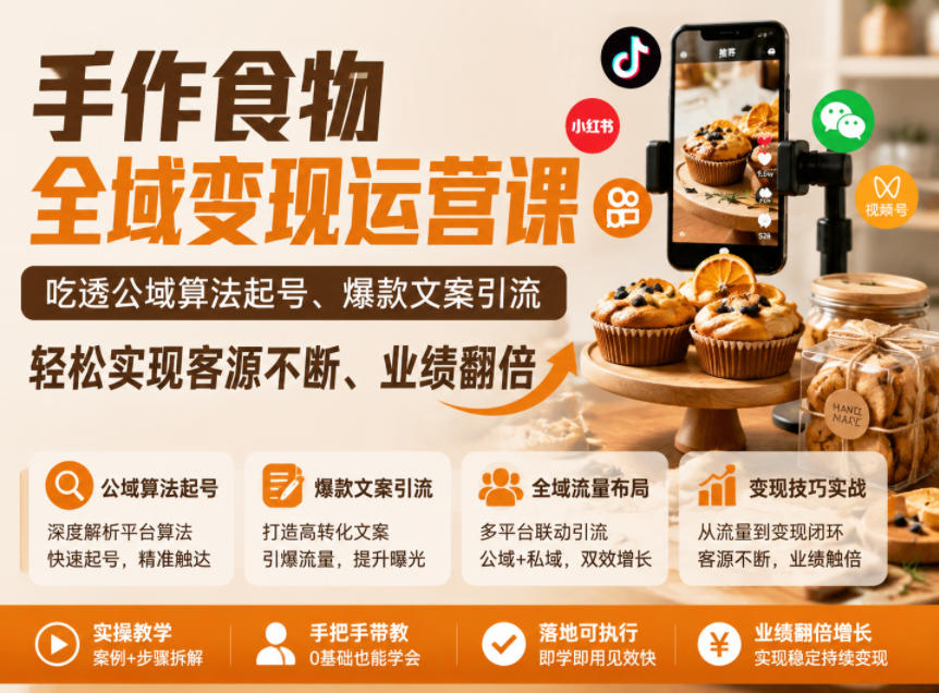 手作食物全域变现运营课，吃透公域算法起号、爆款文案引流，轻松实现客源不断、业绩翻倍|网创挖金社