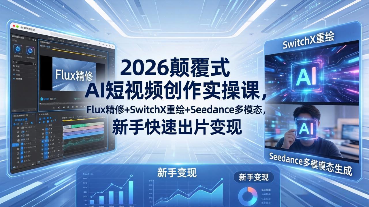 2026颠覆式 AI短视频创作课-5月更新，Flux精修+SwitchX重绘+Seedance多模态，新手快速出片变现|网创挖金社