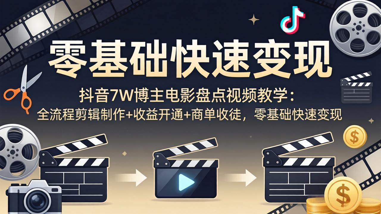 抖音7W博主电影盘点视频教学：全流程剪辑制作+收益开通+商单收徒，零基础快速变现|网创挖金社