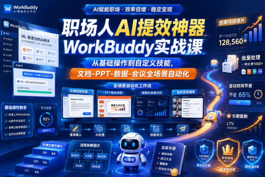 职场人AI提效神器WorkBuddy实战课,从基础操作到自定义技能,文档-PPT-数据-会议全场景自动化|网创挖金社