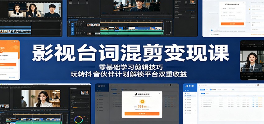 影视台词混剪变现课：零基础学习剪辑技巧，玩转抖音伙伴计划解锁平台双重收益|网创挖金社