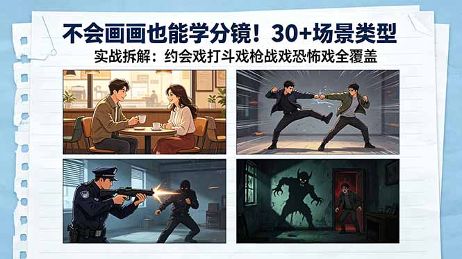 不会画画也能学分镜！30+场景类型实战拆解：约会戏打斗戏枪战戏恐怖戏全覆盖|网创挖金社