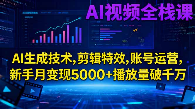 AI视频全栈课:AI生成技术,剪辑特效,账号运营,新手月变现5000+播放量破千万|网创挖金社