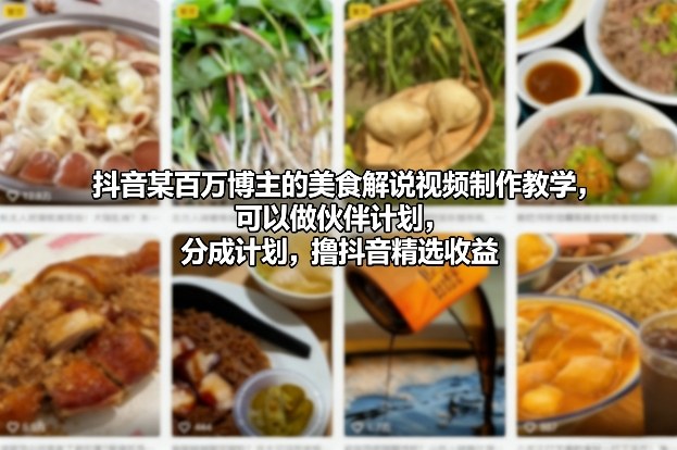 抖音某百万博主的美食解说视频制作教学，可以做伙伴计划，分成计划，撸抖音精选收益|网创挖金社