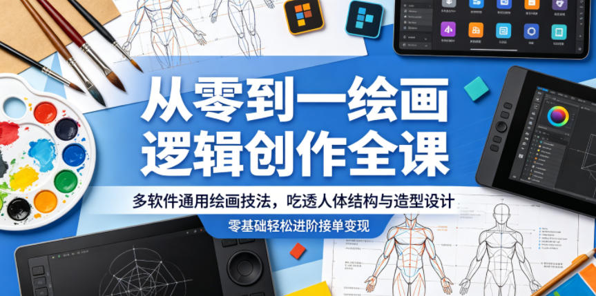 从零到一绘画逻辑创作全课，多软件通用绘画技法，吃透人体结构与造型设计，零基础轻松进阶接单变现|网创挖金社