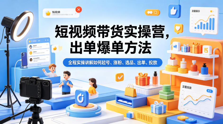 短视频带货实操营，出单爆单方法，全程实操讲解如何起号、涨粉、选品、出单、投放|网创挖金社