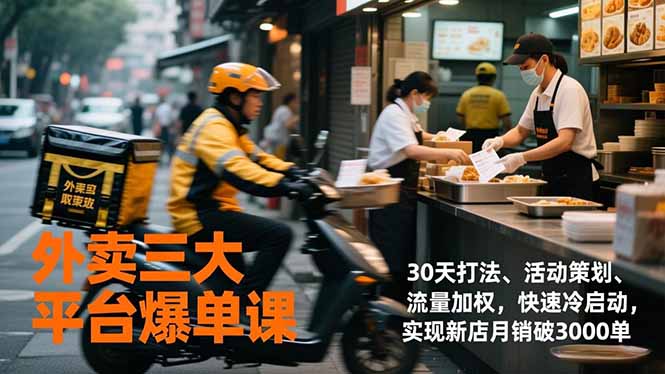 外卖三大平台爆单课，30天打法、活动策划、流量加权，快速冷启动，实现新店月销破3000单|网创挖金社