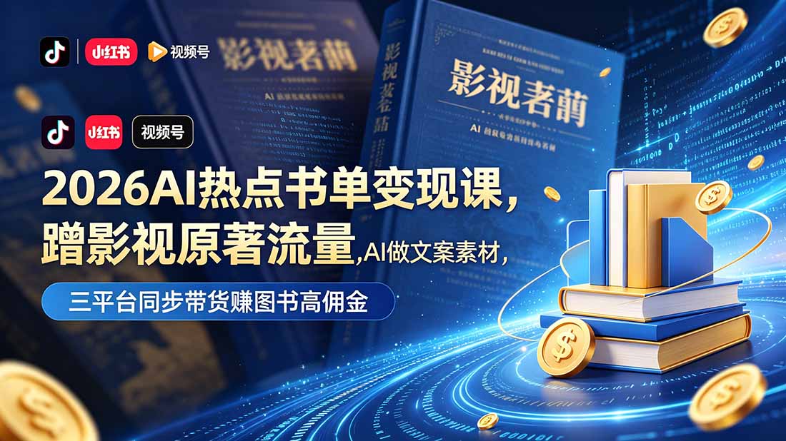 2026AI热点书单变现课，蹭影视原著流量，AI做文案素材，三平台同步带货赚图书高佣金|网创挖金社