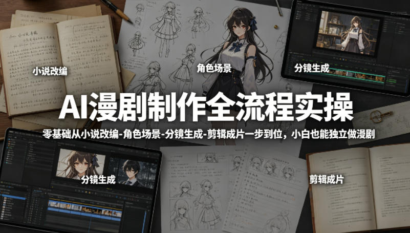 AI漫剧制作全流程实操，零基础从小说改编-角色场景-分镜生成-剪辑成片一步到位，小白也能独立做漫剧|网创挖金社