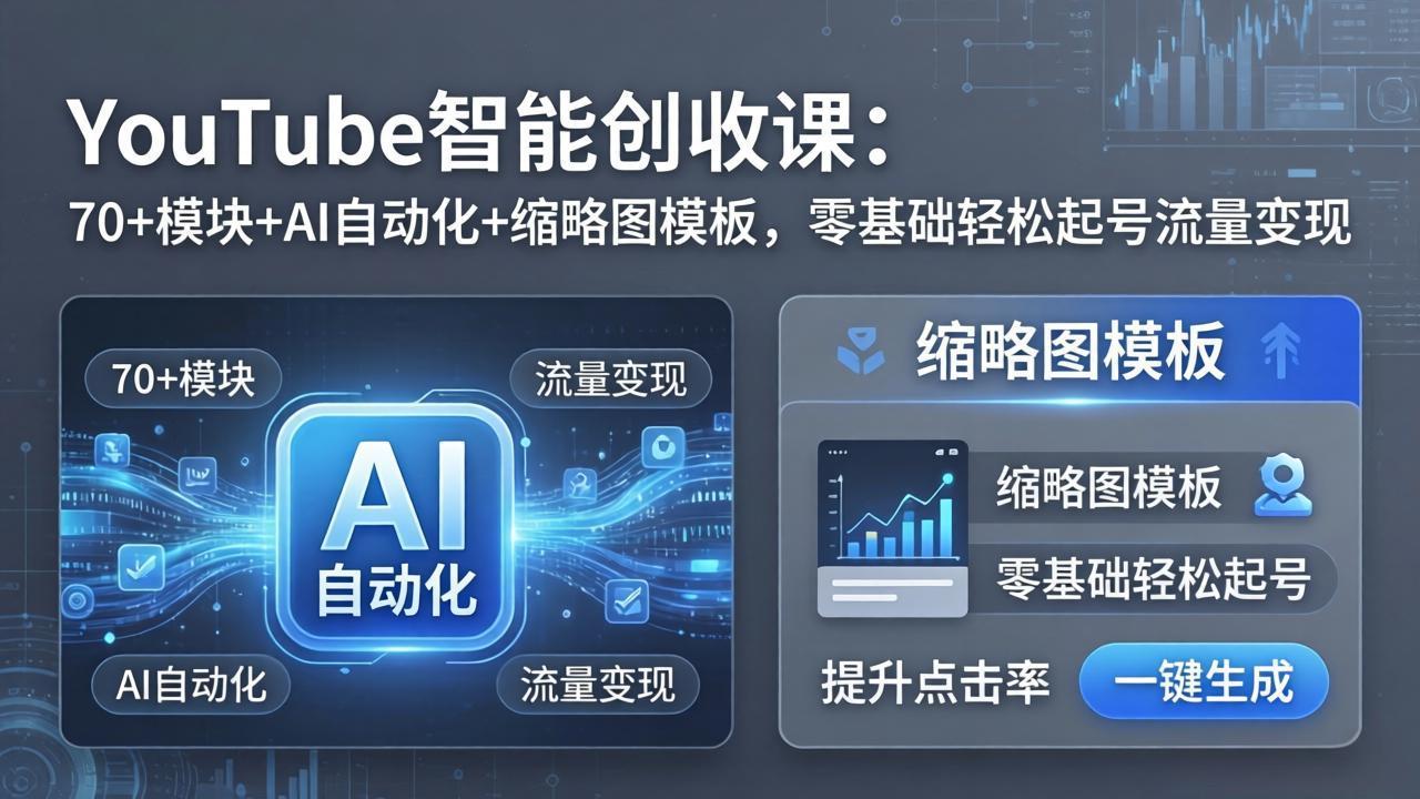 YouTube智能创收课：70+模块+AI自动化+缩略图模板，零基础轻松起号流量变现|网创挖金社