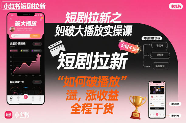短剧拉新之小红书如何破大播放实操课，如何破播放，涨收益，全程干货|网创挖金社
