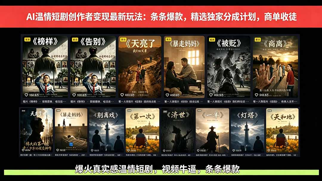 AI温情短剧创作者变现最新玩法：视频牛逼，条条爆款，精选独家分成计划，商单收徒|网创挖金社