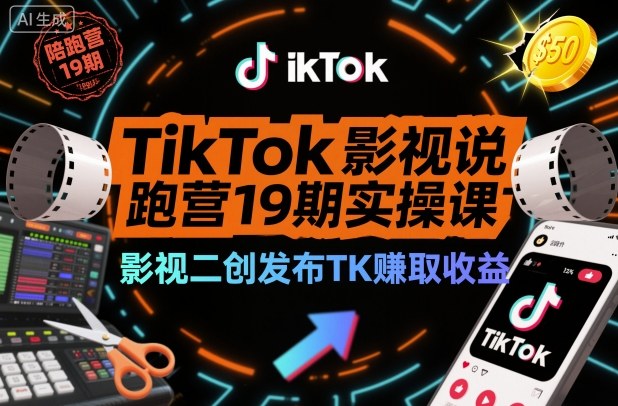 TikTok影视解说陪跑营19期实操课,影视二创发布TK賺取收益,万播收益50美金|网创挖金社