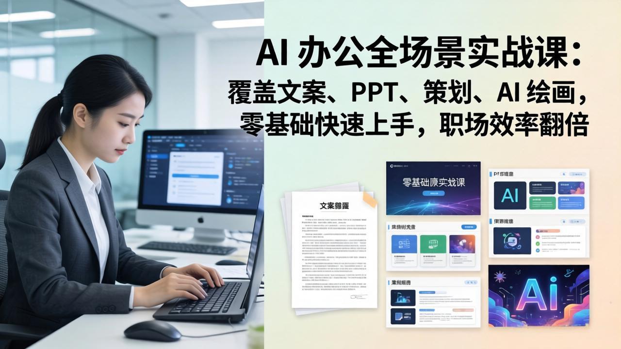 AI 办公全场景实战课：覆盖文案、PPT、策划、AI 绘画，零基础快速上手，职场效率翻倍|网创挖金社