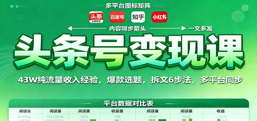 头条号变现课：43W纯流量收入经验，爆款选题，拆文6步法，多平台同步|网创挖金社