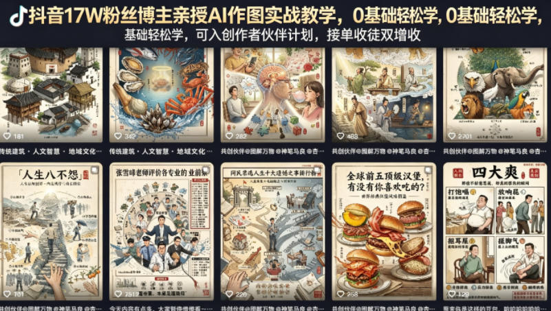 抖音17W粉丝博主亲授AI作图实战教学，0基础轻松学，可入创作者伙伴计划，接单收徒双增收|网创挖金社