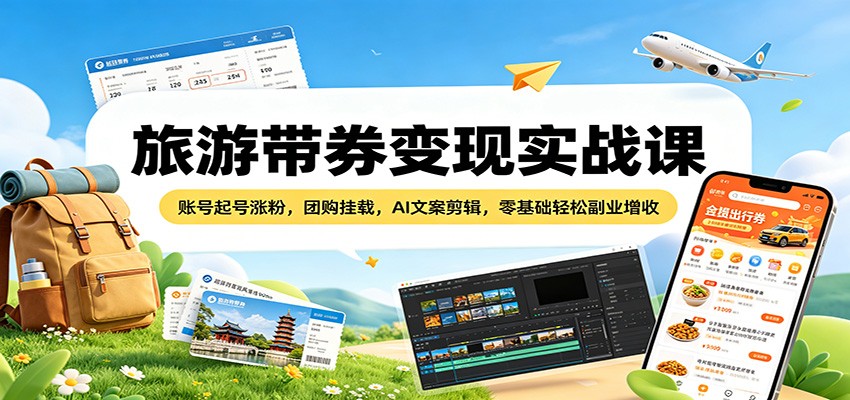 旅游带券变现实战课：账号起号涨粉，团购挂载，AI文案剪辑，零基础轻松副业增收|网创挖金社