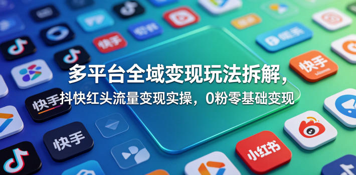 多平台全域变现玩法拆解，抖快红头流量变现实操，0粉零基础变现|网创挖金社