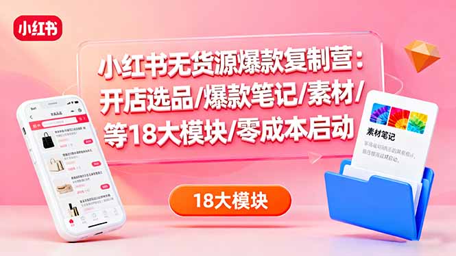 小红书无货源爆款复制营：开店选品/爆款笔记/素材/等18大模块/零成本启动|网创挖金社