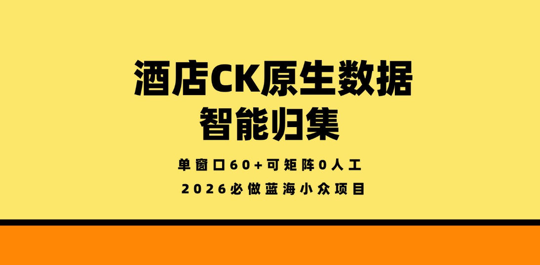 酒店CK原生数据智能归集，单窗口60+可矩阵0人工，2026必做蓝海小众项目【揭秘】|网创挖金社