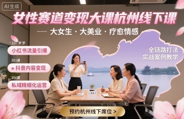 女性赛道变现大课杭州线下，大女生，大美业，疗愈情感，一套小红书、抖音、私域全链路打法|网创挖金社