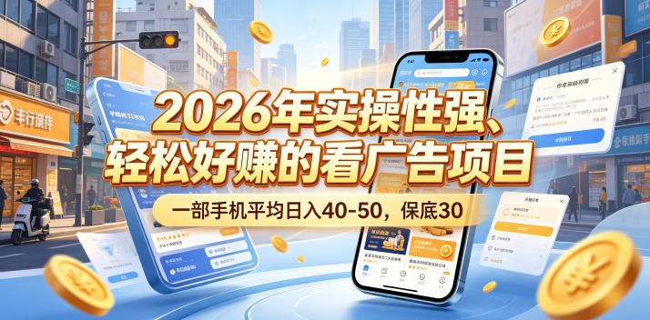 2026年实操性强、轻松好賺的看广告项目，一部手机平均日入40-50，保底30米【揭秘】|网创挖金社