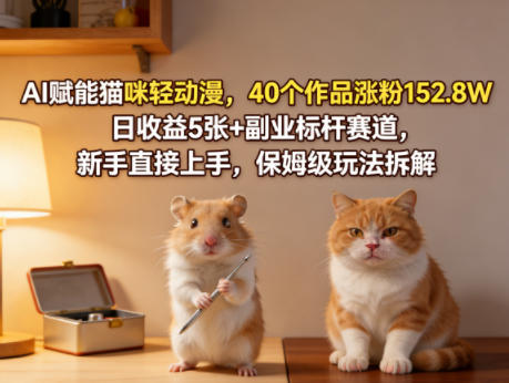 AI赋能猫咪轻动漫，40个作品涨粉152.8W，日收益5张+副业标杆赛道，新手直接上手，保姆级玩法拆解|网创挖金社