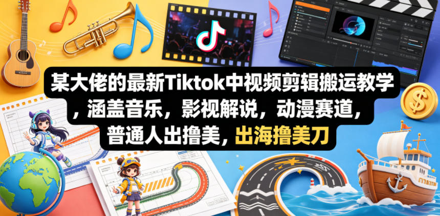 某大佬的最新Tiktok中视频剪辑搬运教学，涵盖音乐，影视解说，动漫赛道，普通人出海撸美刀|网创挖金社