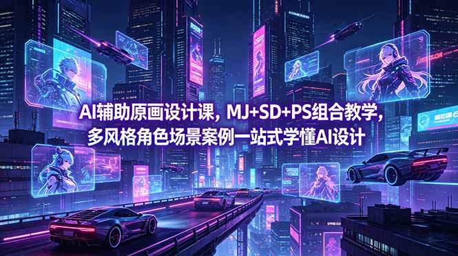 AI辅助原画设计课，MJ+SD+PS组合教学，多风格角色场景案例一站式学懂AI设计|网创挖金社