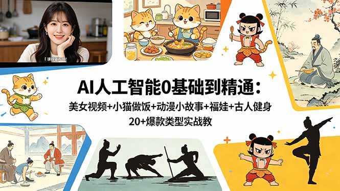 AI人工智能0基础到精通：美女视频+小猫做饭+动漫小故事+福娃+古人健身，20+爆款类型实战教学|网创挖金社
