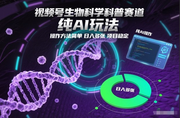 视频号生物科学科普赛道，纯AI玩法，操作方法简单，日入多张，项目稳定|网创挖金社