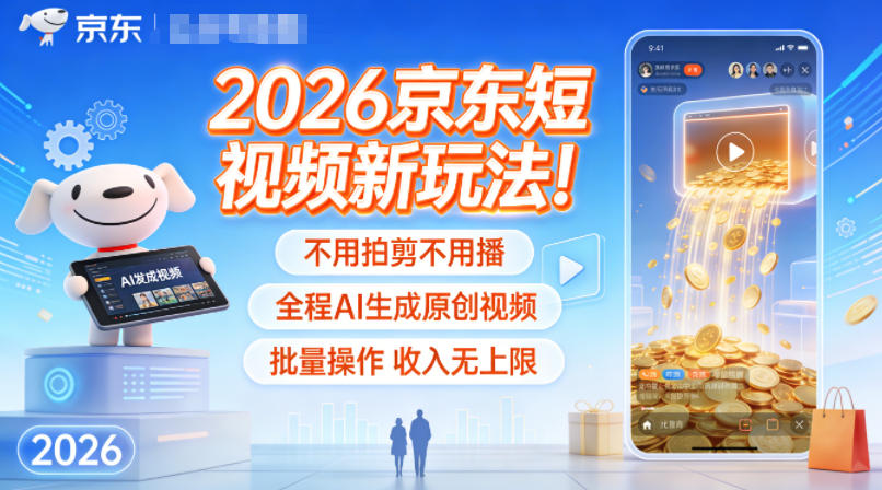 2026京东短视频新玩法！不用拍剪不用播，全程AI生成原创视频，批量操作收入无上限|网创挖金社