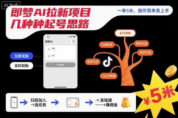 即梦AI拉新项目几种起号思路,一单5米,操作简单易上手|网创挖金社
