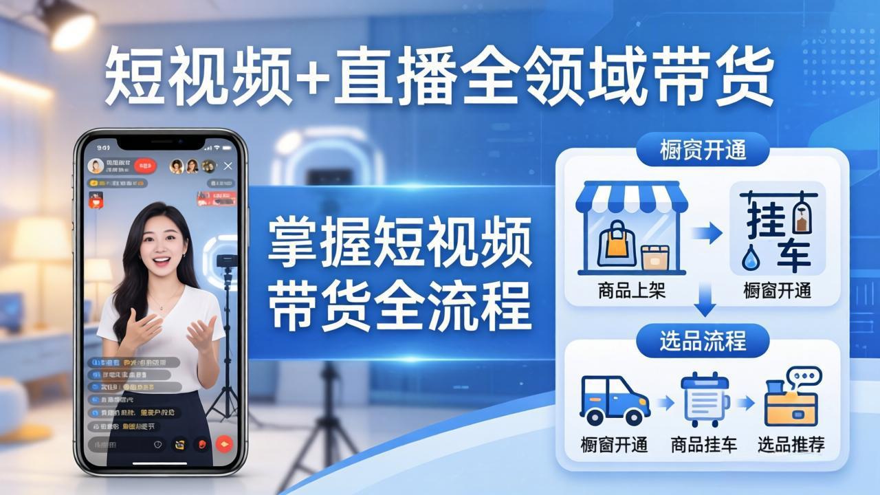 短视频+直播全领域带货-更新：掌握橱窗开通、挂车、选品、爆款文案改编等短视频带货全流程|网创挖金社