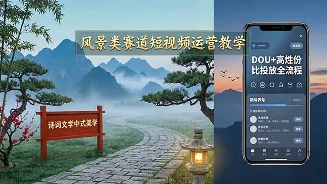 风景类赛道短视频运营教学：诗词文学中式美学，新号养号对标账号定位，DOU+高性价比投放全流程|网创挖金社