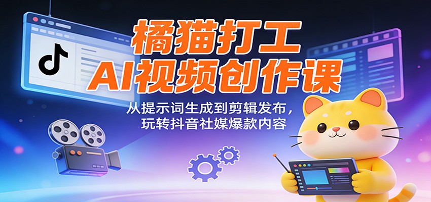 橘猫打工AI视频创作课：从提示词生成到剪辑发布，玩转抖音社媒爆款内容|网创挖金社
