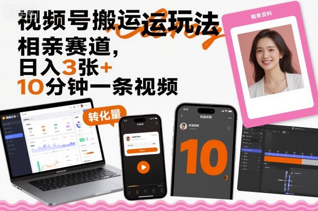 视频号搬运玩法，相亲赛道，日入3张+，10分钟一条视频|网创挖金社