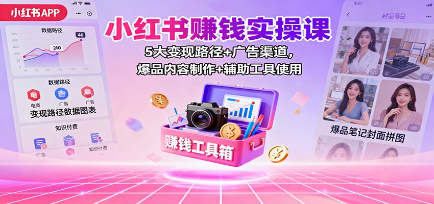 小红书赚钱实操课：5大变现路径+广告渠道，爆品内容制作+辅助工具使用|网创挖金社