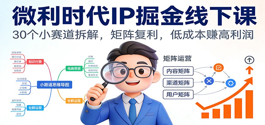 微利时代IP掘金线下课：30个小赛道拆解，矩阵复利，低成本赚高利润|网创挖金社