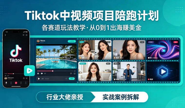 某大佬的Tiktok中视频项目陪跑，涵盖TK各个赛道玩法教学，从0到1出海賺美金|网创挖金社