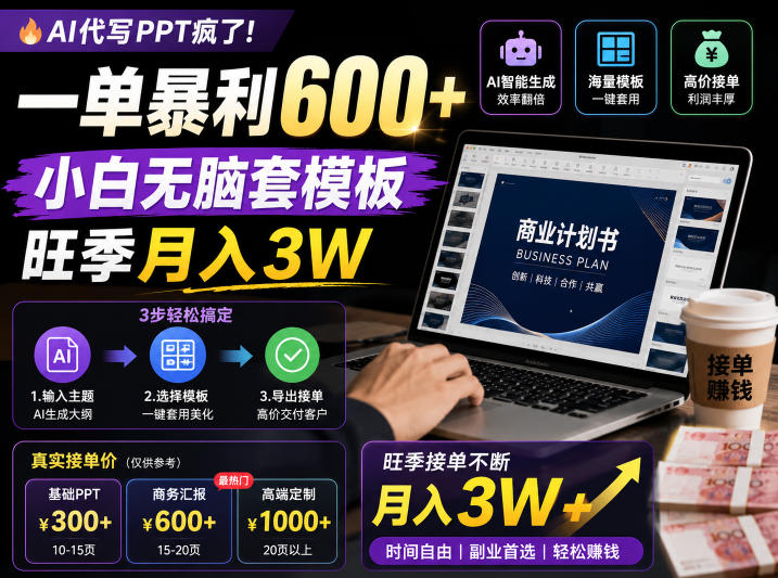 AI代写PPT疯了！一单暴利600+，小白无脑套模板，旺季月入3W，不用苦哈哈引流【揭秘】|网创挖金社