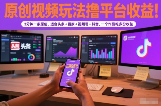 原创视频玩法撸平台收益，3分钟一条原创，适合头条+百家+视频号+抖音，一个作品吃多份收益|网创挖金社