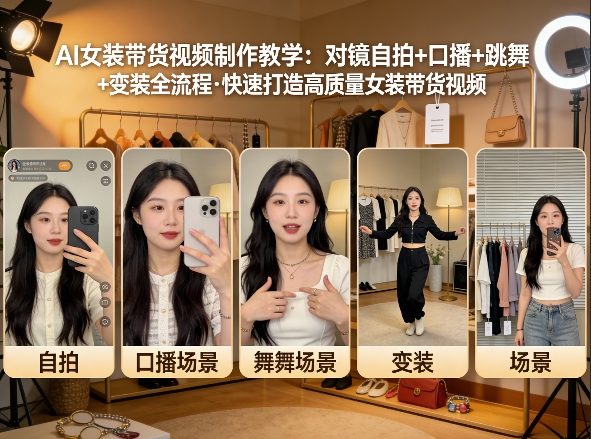 AI女装带货视频制作教学,对镜自拍、口播、跳舞、变装全流程,快速打造高质量女装带货视频|网创挖金社