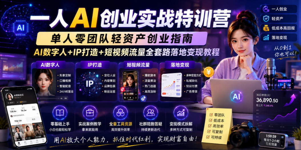 一人AI创业实战特训营，单人零团队轻资产创业指南，AI数字人+IP打造+短视频流量全套路落地变现教程|网创挖金社