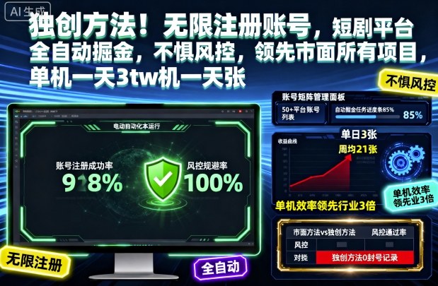 独创方法！无限注册账号，短剧平台全自动掘金，不惧风控，领先市面所有项目，单机一天3张【揭秘】|网创挖金社