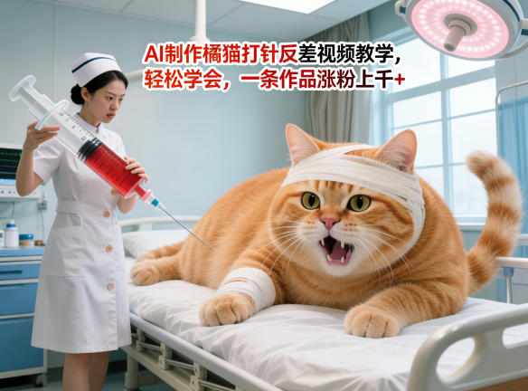 AI制作橘猫打针反差视频教学，轻松学会，一条作品涨粉上千+|网创挖金社