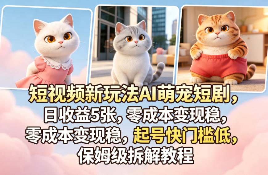短视频新玩法AI萌宠短剧，日收益5张，零成本变现稳，起号快门槛低，保姆级拆解教程|网创挖金社