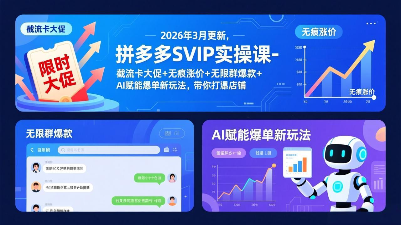 拼多多SVIP实操课-26年3月,截流卡大促+无痕涨价+无限群爆款+AI赋能爆单新玩法,带你打爆店铺|网创挖金社
