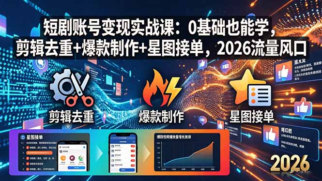 短剧账号变现实战课:0基础也能学,剪辑去重+爆款制作+星图接单,2026流量风口|网创挖金社