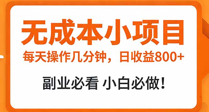 无成本小项目 每天操作几分钟，真实日收益800+ 副业必看 小白必做！|网创挖金社